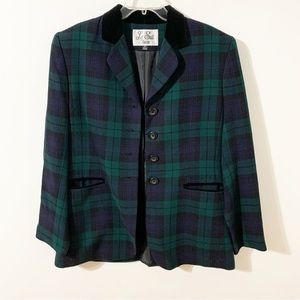 Le Suite Petite Plaid Blazer Velvet Collar/Trims Four Button Front Lined 💙💚🖤
